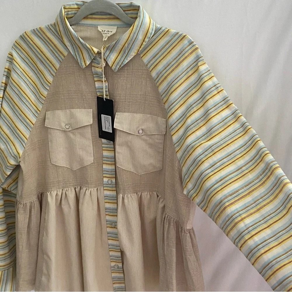 143 Story Long Sleeve Striped Tunic Top Womens Size Medium NWT Linen Cotton Boho - Picture 14 of 16